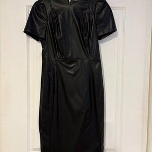 Cavin Klein Faux Leather lCoctail Midi Dress in Black,  Size 4